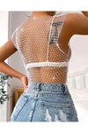 Beyaz Kristal Taşlı Crop Büstiyer