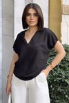 Siyah Salaş V Yaka Kısa Kollu Basic Bluz
