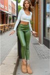 Yağ Yeşili Beli Lastikli Esnek Pantolon