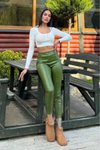 Yağ Yeşili Beli Lastikli Esnek Pantolon