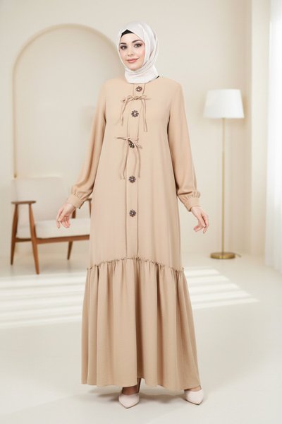 Ruched Bow and Flower Detail Modest Dress - Beige