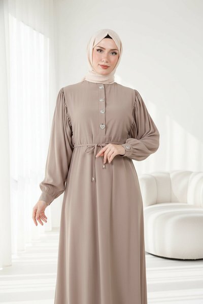 Beige Modal Button-Detail Modest Dress - Beige