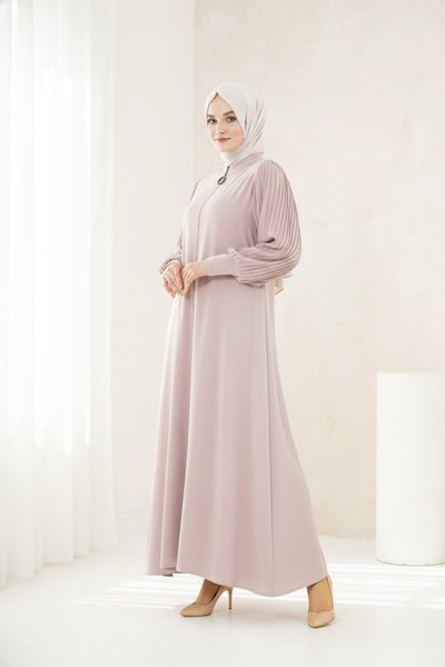 Zipped Pleated Abaya - Beige