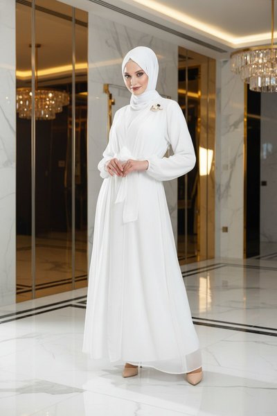 Organze Belted Abaya Set - White