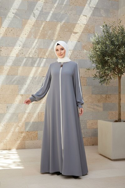 Piped Detail Abaya - Gray