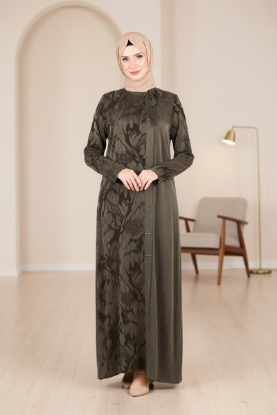 Self-Patterned Bow Collar Modest Dress - Khaki