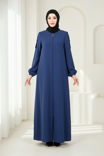 Zipped Epaulette Elastic-Sleeve Abaya - Indigo