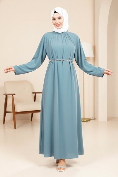 Stone Belt Detailed Modest Dress - Indigo