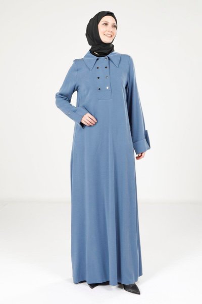 Collared Button-Detail Modest Dress - Indigo