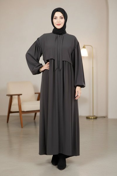 Bolero Detail Tie-Neck Abaya - Dark Gray