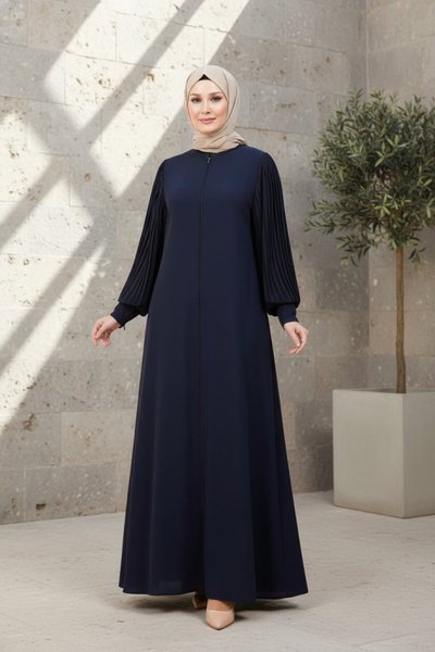 Zipped Pleated Abaya - Navy Blue