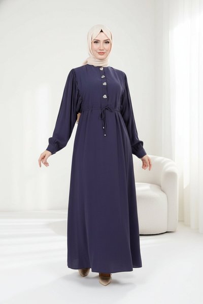 Modal Button-Detail Modest Dress - Navy Blue