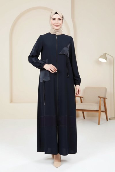 Satin Trimmed Abaya - Navy Blue