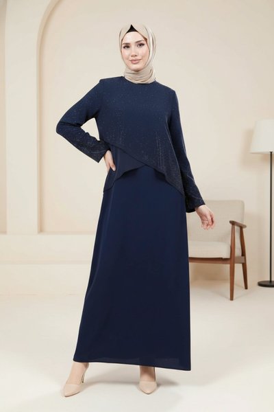 Chiffon Stone-Detailed Modest Dress - Navy Blue