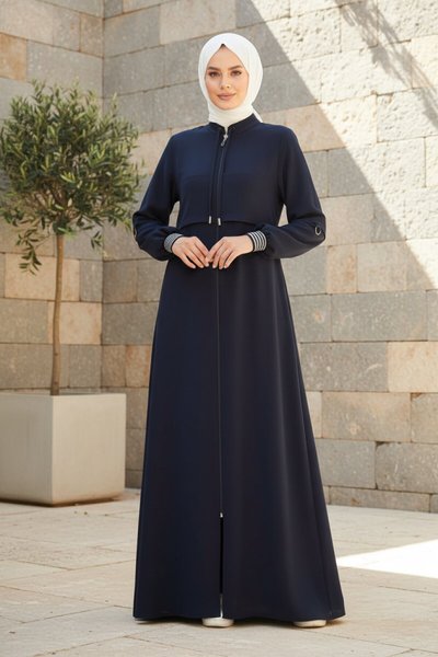 Sporty Ribbed Abaya - Navy Blue