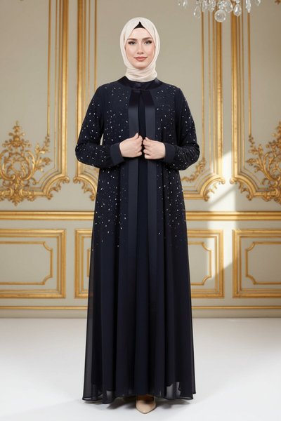 Chiffon Stone-Detailed Ferace Suit - Navy Blue