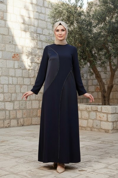 Stone-Detailed Modest Dress - Navy Blue