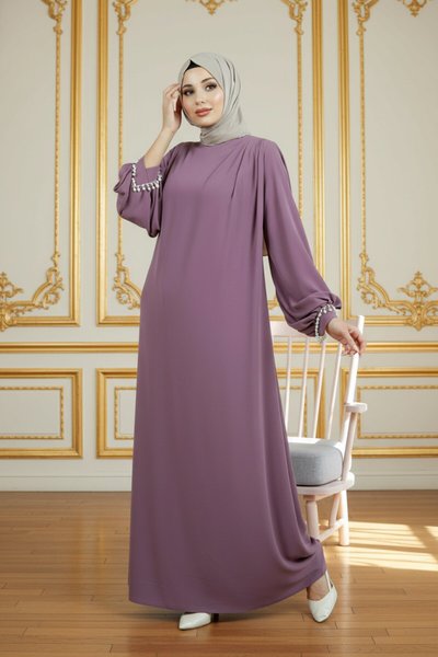 Pleated Sleeve Pearl-Detail Modest Evening Dress - Lilac