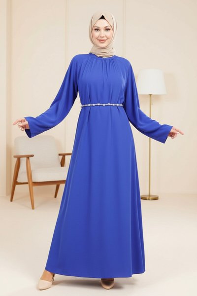 Stone Belt Modest Dress - Sax Blue