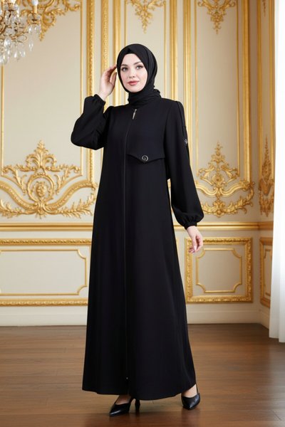 Elastic Cuff Zippered Abaya with Epaulettes - Black