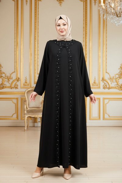 Pearl-Detail Abaya - Black