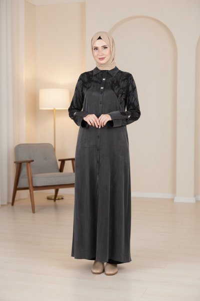 Self-Patterned Bow-Collar Modest Dress - Black