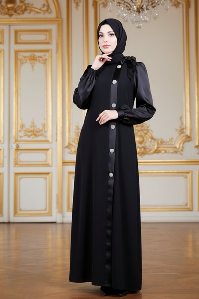 Stone Button Satin Detail Modest Evening Dress - Black