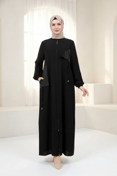 Satin-Trimmed Abaya - Black