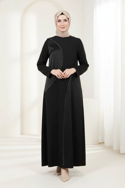 Stone-Detail Modest Dress - Black