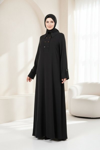 Button-Detail Modest Dress - Black