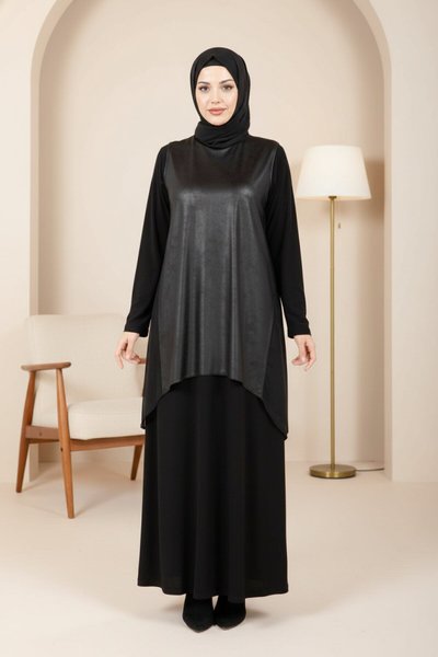 Vest-Detail Modest Dress - Black