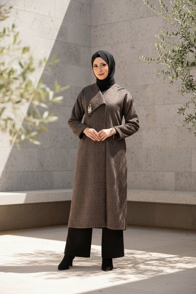 Patterned Cowl-Neck Winter Coat - Mink
