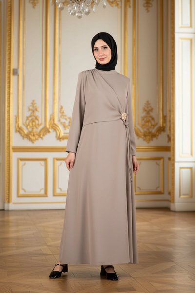 Buckle-Detail Modest Dress - Mink