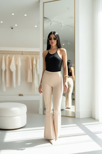 Flare Leg Elastic Waist Stitched Pants - Beige