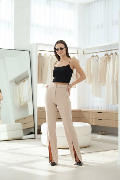 High-Waist Wide-Leg Slit-Detail Pants - Beige