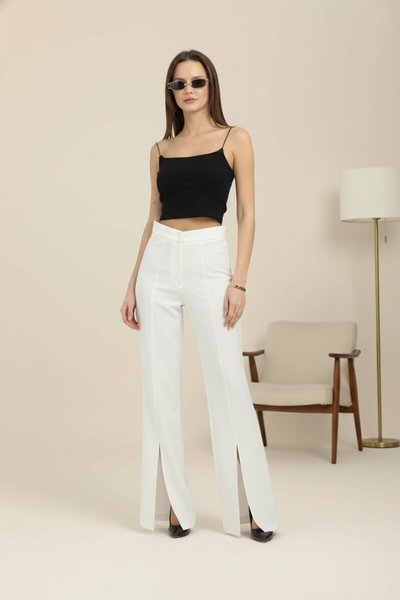 High-Waist Slit-Detail Wide-Leg Pants - White
