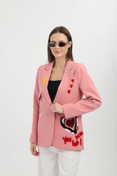 Mavi Pembe Nakışlı Blazer Ceket