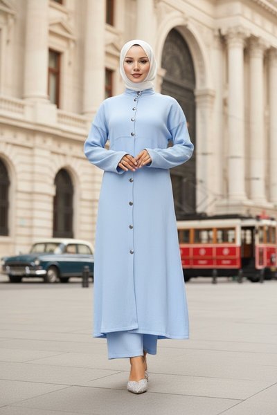 Long Collar-Detail Modest Two-Piece Set - Baby Blue