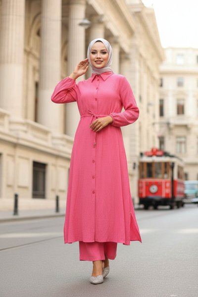 Long Slit-Detail Modest Set - Fuchsia