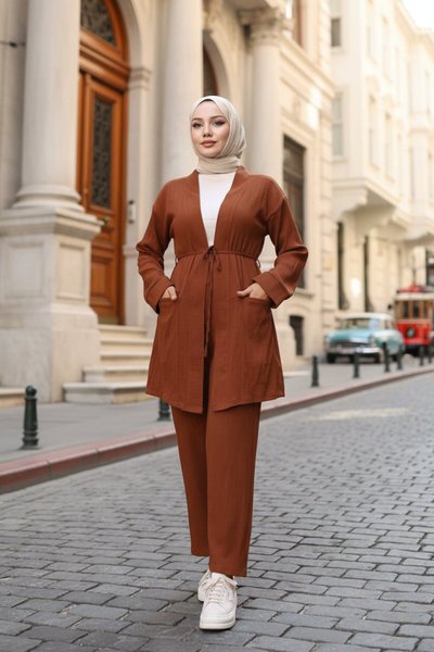 Kimono Pocket-Detail Modest Set - Brown