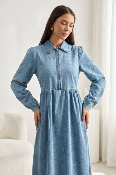 Denim Side-Pocket Modest Dress - Blue