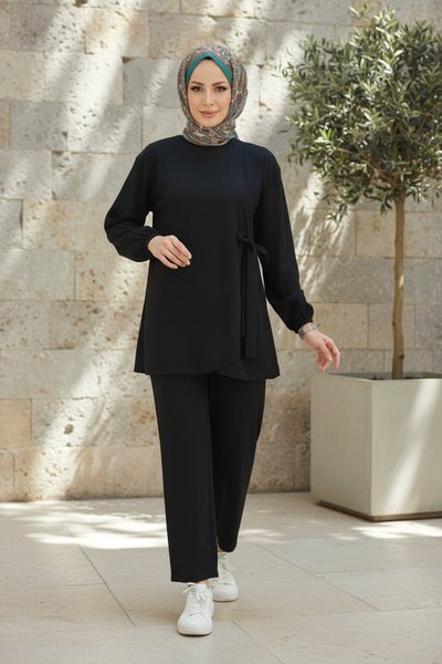 Two-Piece Tie-Detail Modest Set - Black