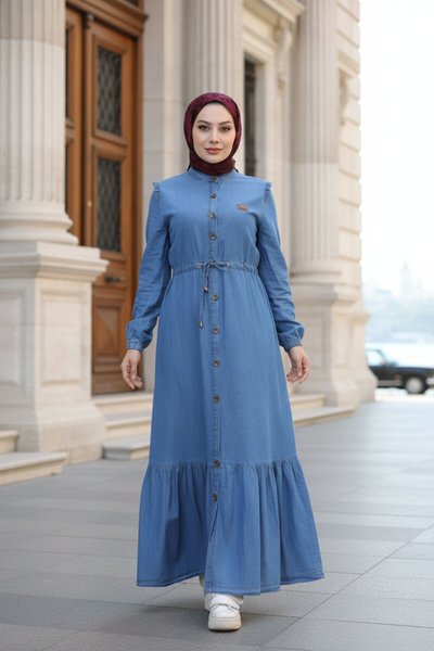 Buttoned Waist-Tie Denim Modest Dress - Light Blue