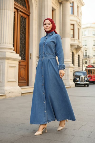 Full Button Denim Modest Suit - Light Blue