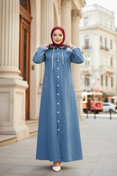 Hooded Ribbed Denim Ferace - Light Blue