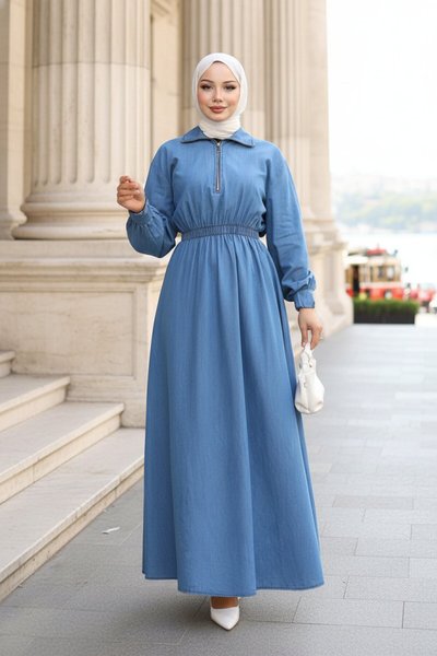 Elastic Waist Zippered Denim Modest Dress - Light Blue