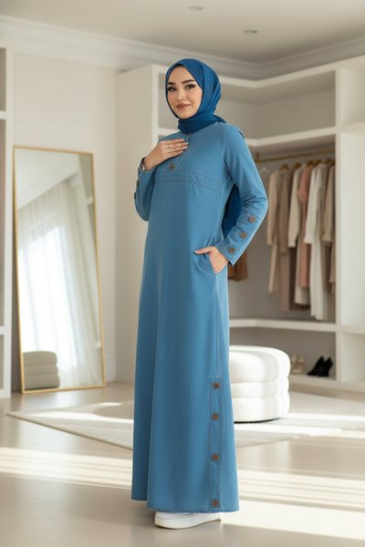 Denim Button-Detail Pocket Modest Dress - Light Blue
