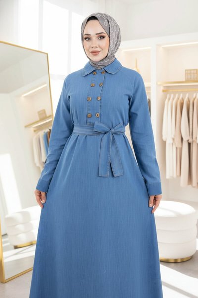 Denim Button-Detail Modest Dress - Light Blue