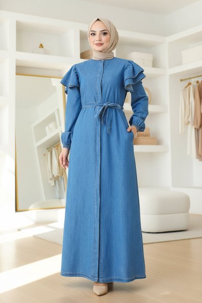 Ruffle-Shoulder Button-Down Ferace - Light Blue
