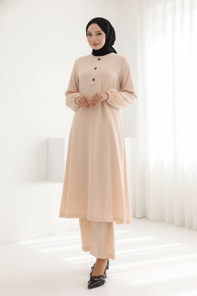 Buttoned Modest Two-Piece Set - Beige